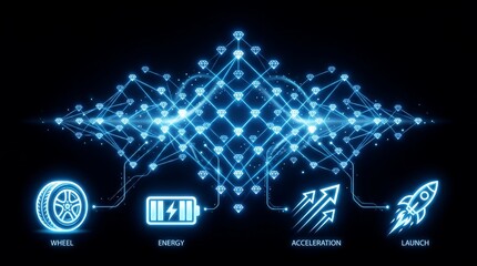 Fototapeta premium Abstract digital network with glowing diamond nodes connecting automotive innovation icons representing wheel energy acceleration and launch on a dark background