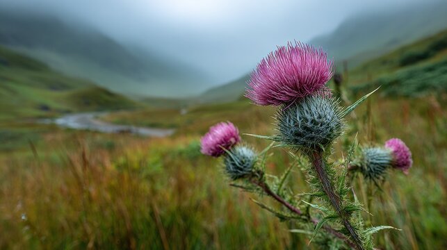 Scottish thistle in sharp focus with misty glen and morning light