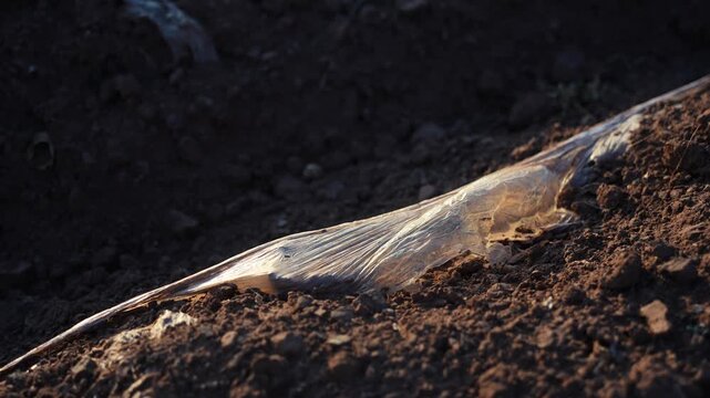 Dried fish carcass lying on reddish brown soil with visible texture and decay