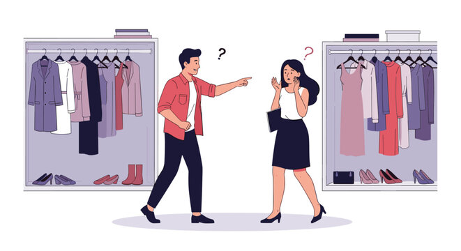 Couple having a conversation or argument about clothing and fashion choices in front of two open wardrobes at home in the bedroom.