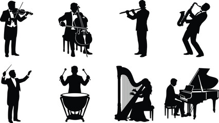 Classical orchestra musician silhouette vector bundle featuring instrumentalists playing violin cello flute saxophone drums harp and grand piano © Shahanaj