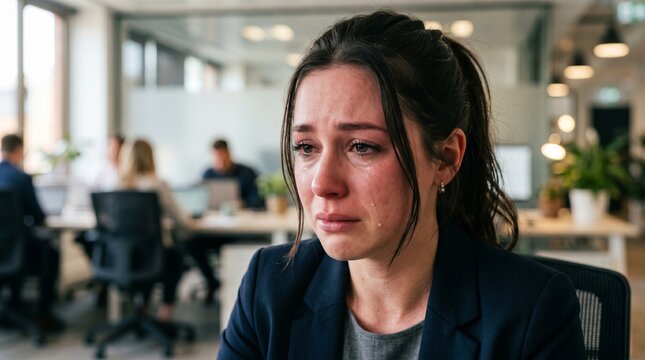 A tearful young professional woman crying at her desk in a modern open-plan corporate office, experiencing stress or bad news.