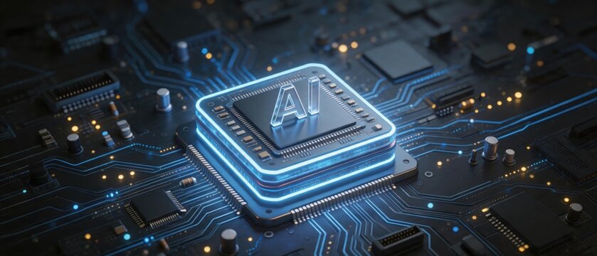 Advanced AI processor chip on electronic circuit board, ideal for artificial intelligence presentations, semiconductor marketing, technology reports and future computing concepts