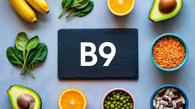Vitamin B9 rich foods with fresh fruits vegetables and legumes for healthy nutrition