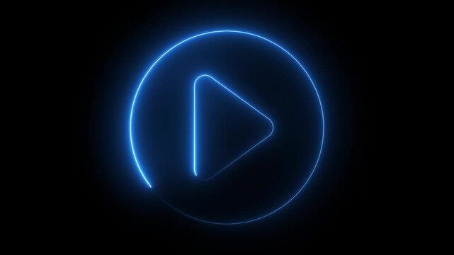 Neon blue glowing play button animation on black background, minimalist ui motion