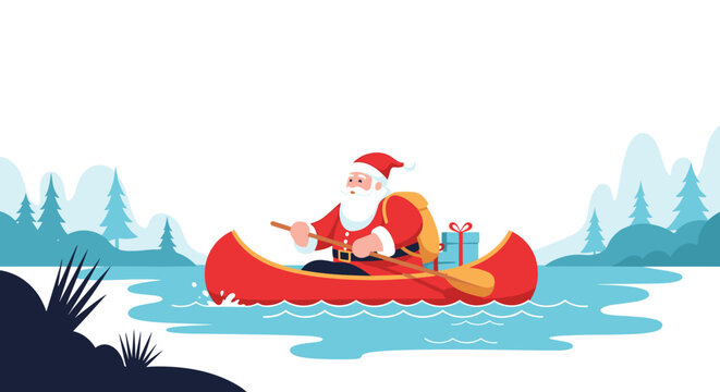 Santa Claus rowing a canoe filled with gift boxes through a snowy winter landscape offers a creative and adventurous take on the holiday season.