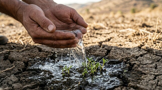 Hands gently pouring precious water onto a struggling green sprout in parched, cracked earth, symbolizing hope and environmental care during drought.