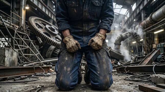 Close-up of a worker in dirty overalls kneeling in despair amidst the grim, smoky ruins of a heavily bombarded industrial facility.