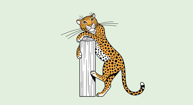 Playful illustration of a spotted leopard hugging a white column represents creative animal art and unique wild cat character designs for children.