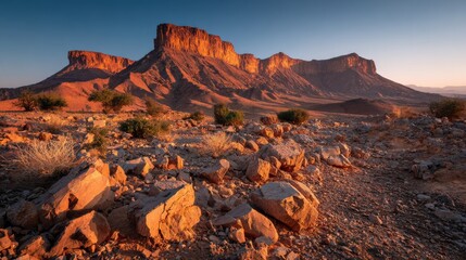 Naklejka premium Rocky desert landscape with dramatic escarpment at sunset