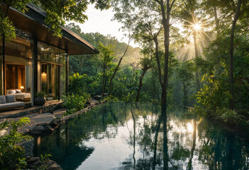 Fototapeta premium Luxury villa nestled in lush green jungle with sunbeams reflecting in tranquil infinity pool
