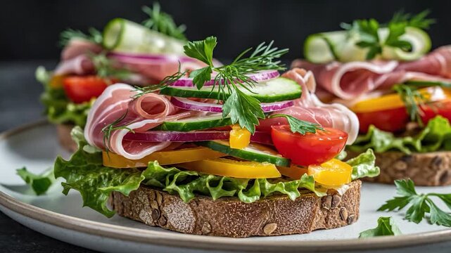 Gourmet open faced sandwiches with prosciutto ham and fresh vegetables on whole grain bread