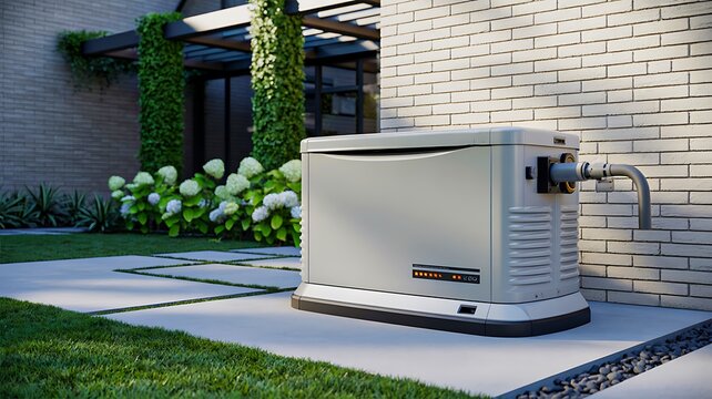 Residential standby backup generator installed outside modern home with automatic power system