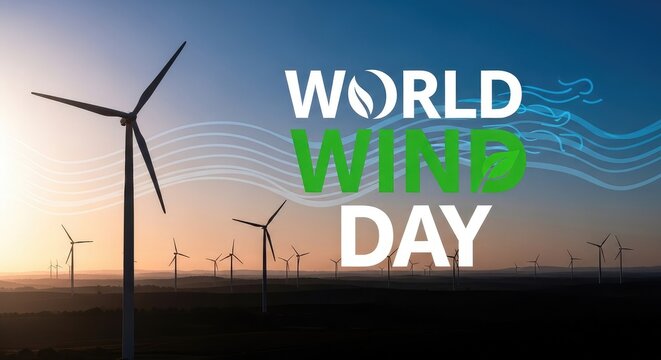 Dramatic silhouette of giant industrial wind turbine against a dark orange sunrise background celebrating Global Wind Day poster
