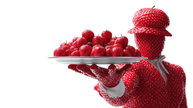 Strawberry textured humanoid waiter holding silver platter piled with fresh strawberries