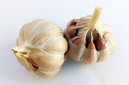 Garlic bulbs (Allium sativum) isolated on a white background for botanical study.