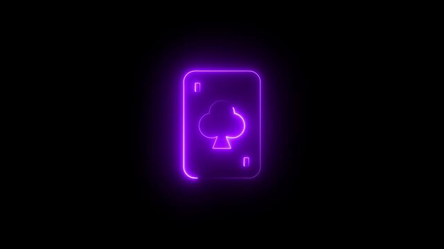 Neon purple ace of clubs playing card glowing animation on black background