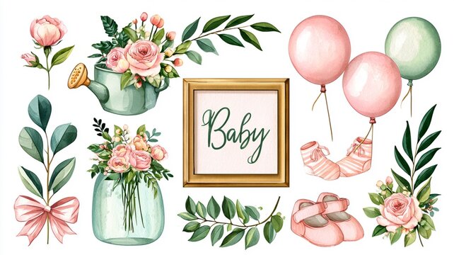 Watercolor Baby Shower Decorations with Cute Pastel Elements Isolated on White Background