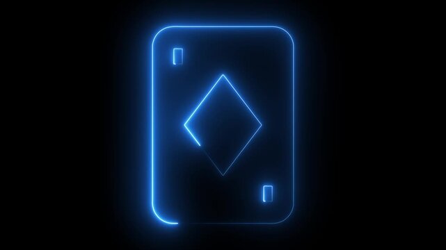 Neon blue glowing ace of diamonds playing card animation on black background, blue light