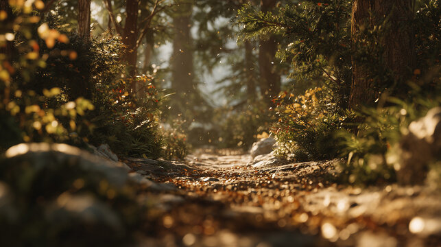 Low angle close up of a rocky forest trail glittering in golden sunlight