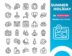 Summer holiday icons in simple outline style. Minimalist design perfect for digital projects. Elegant icons capture vacation essence. Seasonal motifs ideal for travel and leisure themes © Cak Had Photography