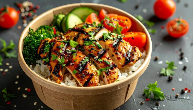Grilled chicken rice bowl inside branded takeaway container, realistic food photography, appetizing composition, restaurant promotion, commercial quality image

