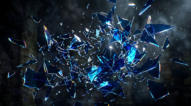 A stunning visual of shattered blue glass on a dark background with smoke