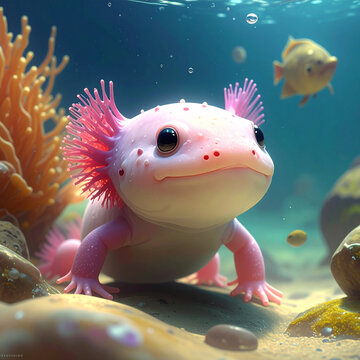 Cute pink axolotl with pink gills underwater 3D render