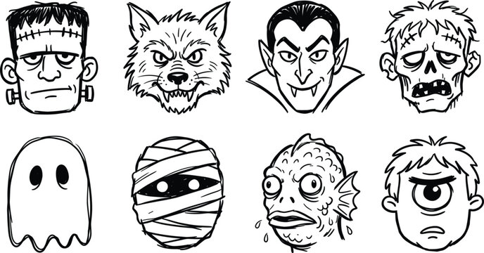Hand Drawn Halloween Monster Avatar Face Set Featuring Frankenstein, Werewolf, Vampire, Zombie, Ghost, Mummy, Swamp Creature, and Cyclops Character Line Art