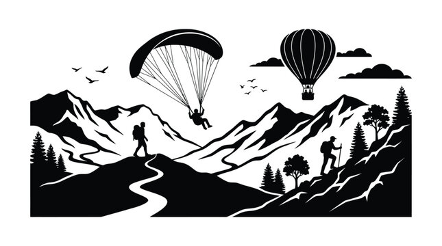 Mountain Landscape With Paraglider Hiker And Hot Air Balloon Silhouette