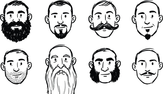 Hand Drawn Male Avatar Character Set Featuring Men with Beard Styles Mustache Goatee Mutton Chops Stubble and Diverse Facial Hair Outlines