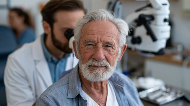 Medical audiologist performing ear wax microsuction removal on elderly male patient seated in clinical chair with fiber optic microscope equipment tray of sterile instruments and
