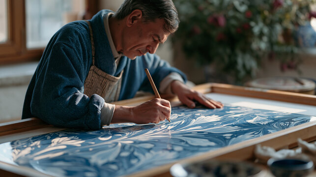 Turkish marbling master drawing stylized hyacinth pattern through pigment floating on water surface ebru art studio Istanbul heritage craft cultural preservation workshop
