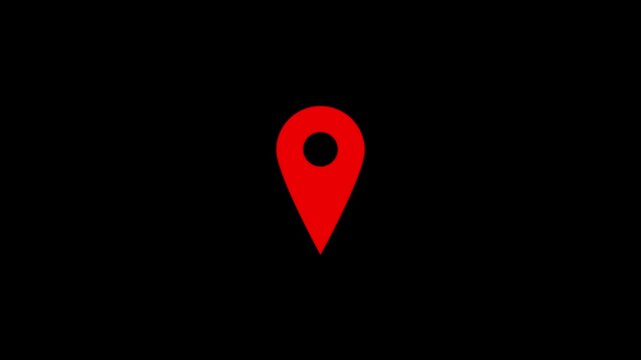 Location map pin pointer on GPS Map tracker animation. Appearing pointer for a map. Map marker icon loop on black background.