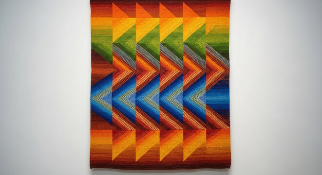 Vibrant geometric textile tapestry art, abstract zig-zag pattern in warm sunset colors, modern wall hanging, detailed woven texture, contemporary decor.