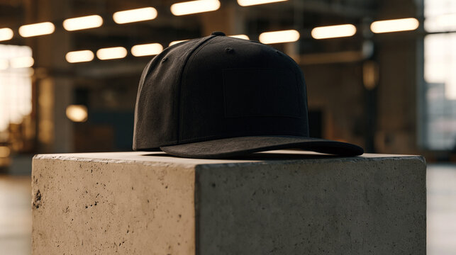 Structured snapback hat cap logo mockup placed on raw concrete pedestal inside industrial warehouse space under harsh overhead fluorescent lighting, blank embroidery patch panel