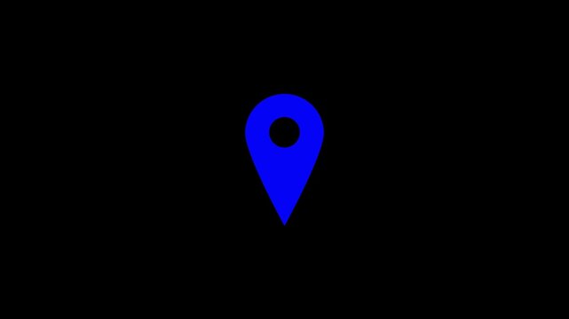 Location map pin pointer on GPS Map tracker animation. Appearing pointer for a map. Map marker icon loop on black background.