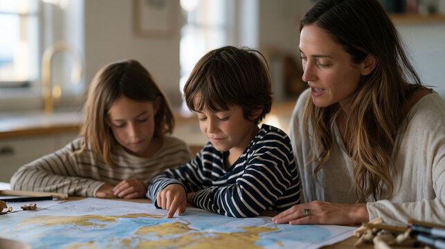 Homeschool family gathered around a kitchen table covered in maps and craft supplies, mother guiding two children through a geography lesson, modest home morning light, September