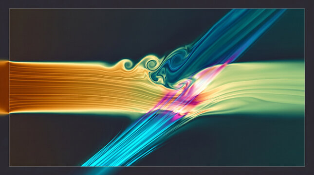 Abstract fluid dynamics visualization showing a horizontal stream interacting with a diagonal flow creating complex vortices and turbulence