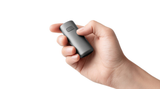 Hand holding compact black wireless presenter remote with single button isolated on transparent background