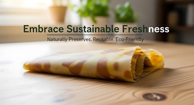 Sustainable food wrapping on wooden table.