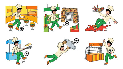 Fototapeta premium Chef Soccer Football Player Cartoon Character Mascot Illustration Set in Restaurant Kitchen