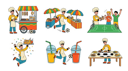 Fototapeta premium Set of Cartoon Chef Characters with Football Theme and Street Food Stall Illustration