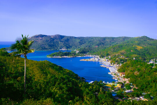 Overlooking the tropical islands along the Romblon Bay. Portrait. Romblon Island, Philippines