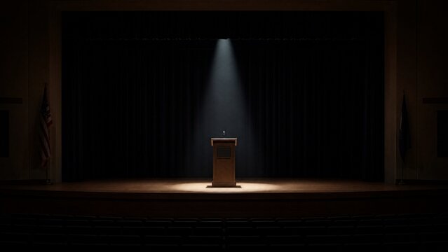 An empty auditorium stage with a single lectern under a spotlight.