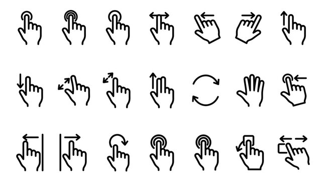Collection of black outline hand touch gestures icons on white background, illustrating mobile smartphone navigation and provides professional digital user interface design elements