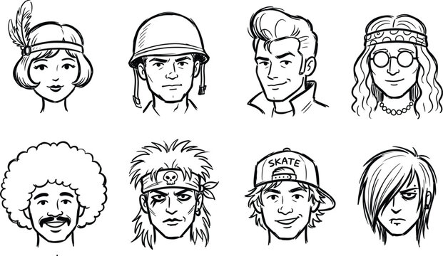 Hand Drawn Retro Subculture Avatar Set Featuring Flapper Girl, Soldier, Rockabilly, Hippie, Afro, Punk Rocker, Skater, and Emo Character Face Outlines