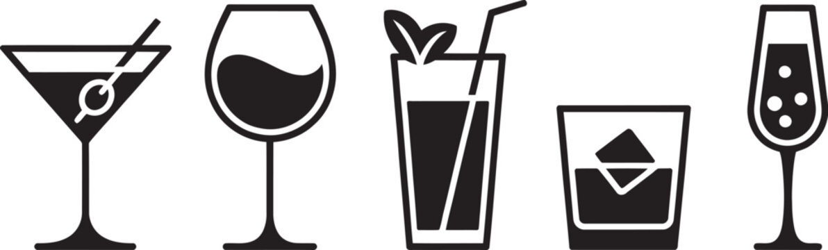 Cocktail, drink icon set featuring martini, mojito, whiskey, wine glasses, and classic bar beverages in clean vector illustration style ideal for restaurant menus, pubs, bars, and nightlife branding.