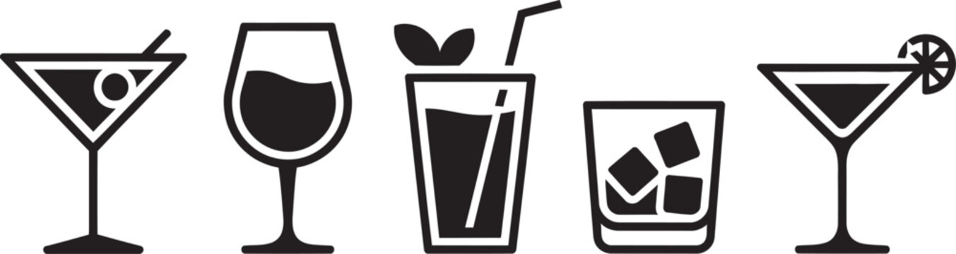 Cocktail, alcoholic beverage collection including martini glasses, mojito drinks, whiskey tumblers, wine goblets, and mixed drink symbols in modern flat vector style suitable for hospitality, 