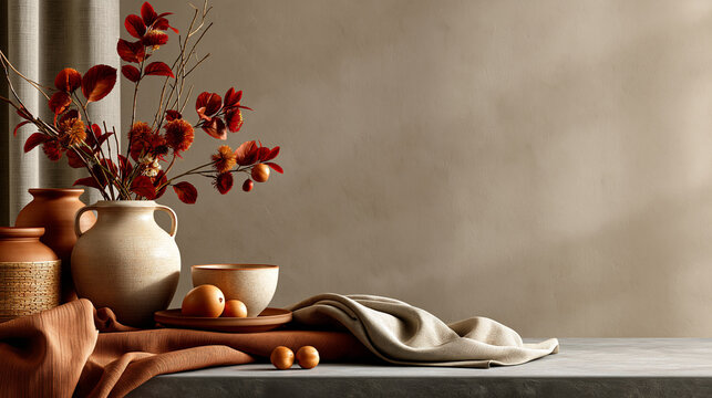 Modern website banner background with Ukrainian folk elements and warm minimalist interior styling showcasing premium shop atmosphere and copy space